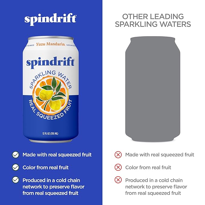 Spindrift Sparkling Water Yuzu Mandarin Flavored Made with Real Squeezed Fruit 12 Fl OZ Cans Pack of 24 (Only 6 Calories per Can)