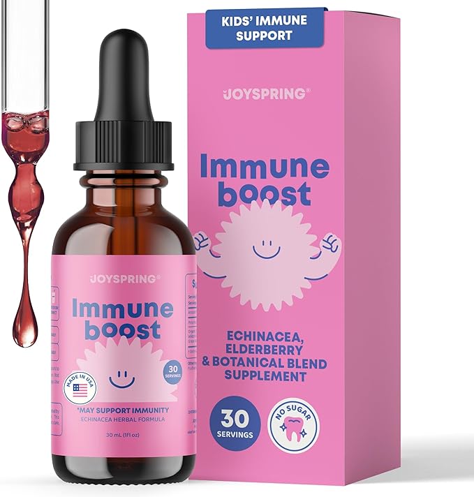 JoySpring Immune Drops - Kids’ Immunity Support Supplement (1 fl oz 30 Servings) with Organic Elderberry Liquid Echinacea Oregon Grape Root &amp Orange Peel for Ages 2-16+ Years and Adults