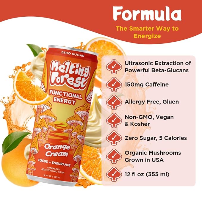 Melting Forest Mushroom Energy Drink L-Theanine Cordyceps &amp Lion's Mane 150mg of Caffeine Energy &amp Focus Cognitive Function &amp Mental Clarity Orange Cream (12 Pack)