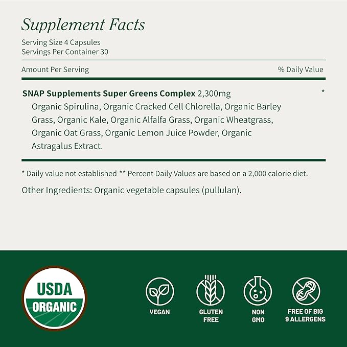 Snap Supplements Organic Spirulina and Chlorella - Protein Rich Blue Green Algae Superfood Supplement for Energy and Immune Support 120 Vegetarian Capsules (30 Servings 1 Month Supply)