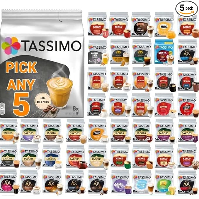 Tassimo Coffee Tea Chocolate Pods. Pick Any 5 Packs from 50+ Blends Including Kenco Costa Jacobs Hot Chocolate Chai latte Baileys Cadbury Milka Oreo Cafe Hag and More.