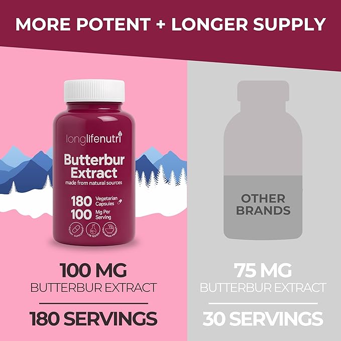 LongLifeNutri Butterbur Extract 100mg - Petasites Hybridus Root Extract 180 Vegetarian Capsules 6 Month Supply Organic Supplement for Head Comfort &amp Neural Calm GMP Certified Made in USA