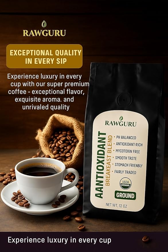 RawGuru Organic Antioxidant Coffee Breakfast Blend Gluten-Free Fairly Traded Shade Grown and Rainforest Alliance Certified Arabica Ground Coffee Pack of 2
