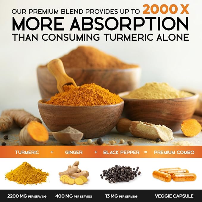 Turmeric Curcumin Supplement - 2000mg Organic Turmeric &amp 400mg Organic Ginger per Serving - 95% Curcuminoids &amp BioPerine Black Pepper for Best Absorption &amp Joint Support Bottled in USA -