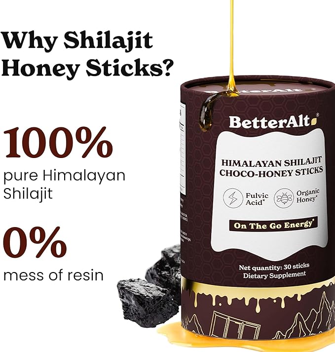 Better Alt Chocolate Shilajit Honey Sticks 75% Fulvic Acid &amp 85+ Trace Minerals Chocolate-Infused Raw Honey Himalayan Shilajit Energy Booster 30 Sticks Natural Stamina &amp Endurance Support