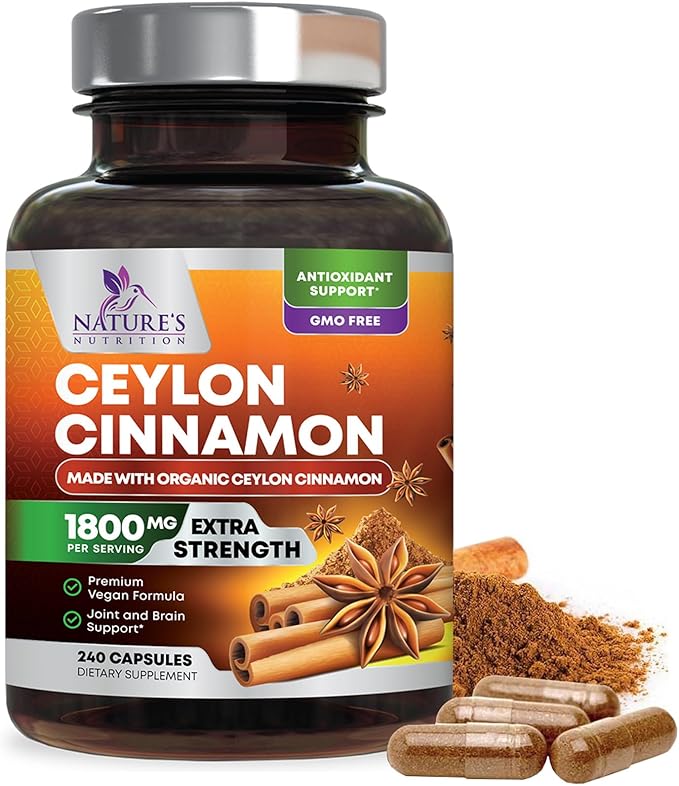 Organic Ceylon Cinnamon 1800mg Per Serving - Extra Strength Certified Organic Ceylon Cinnamon Powder Pills Supplement - Energy &amp Heart Support Antioxidant for Women &amp Men Bottled USA - 240 Ca