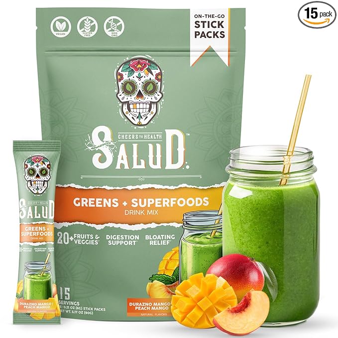 Salud 2-in-1 Greens Powder + Superfood Drink Mix Packets 20+ Fruits and Veggies Probiotics Prebiotics Supports Digestive Health Bloating Relief Vegan Peach Mango (15 Servings)