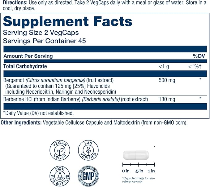 SOLARAY Bergamot 500 mg - Citrus Bergamot Supplement for an Active Lifestyle - Standardized to 25% Flavonoids - with Berberine HCl from Indian Barberry - Vegan 60-Day Guarantee 45 Serv 90 VegCaps