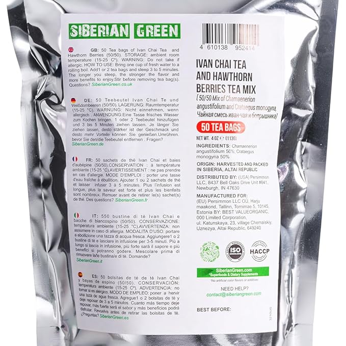 Siberian Green Ivan Chai Tea and Hawthorn Berry – 50-Pack Herbal Tea Bags – Natural and Pure Botanical Herbs From Altai Siberia