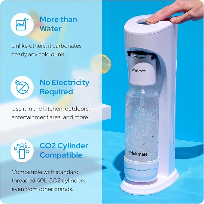 Drinkmate OmniFizz Sparkling Water and Soda Maker Carbonates Any Drink ULTIMATE BUNDLE - Includes three 60L CO2 Cylinders Two Carbonation Bottles and Fizz Infuser (Classic White)