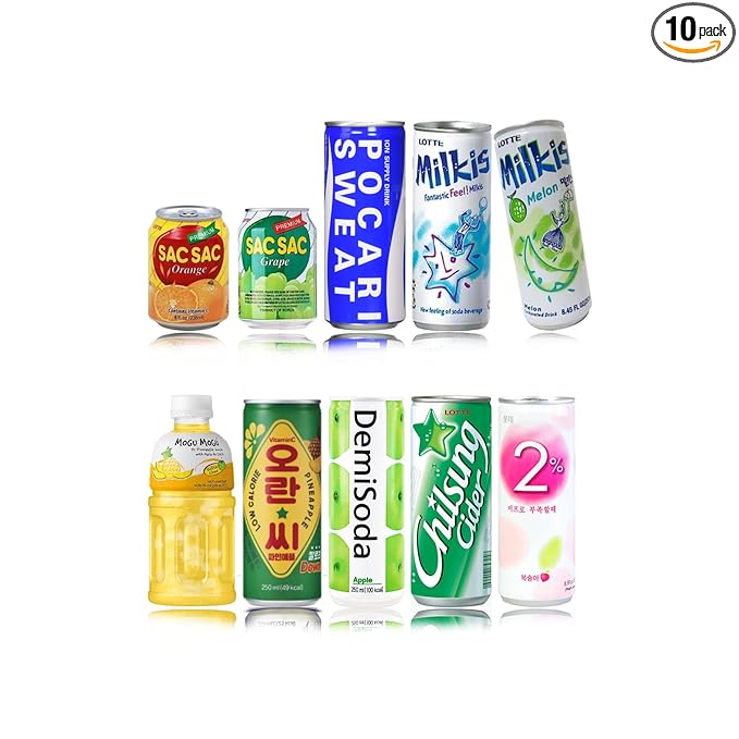 FRKR Korean 10 Drinks Assortment Gift Box [Chilsung Cider/Mikis/Demisoda/Banana Milk/McCOL/MoguMogu/2%/SacSac/Etc.] Soft Drinks + Real Fruit Drinks + Energy Drinks