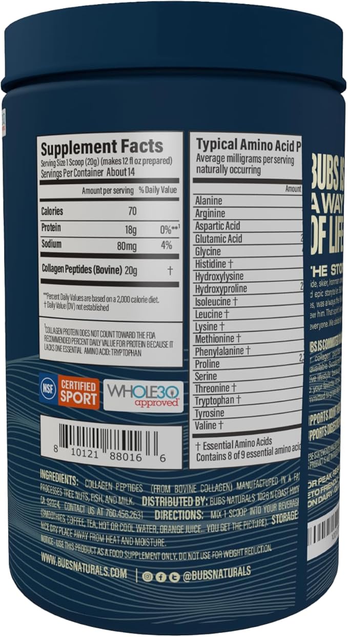 BUBS Naturals Unflavored Collagen Peptides Powder Best Proteins for Joints &amp Skin Pasture Raised Grass Fed Paleo and Keto Friendly Whole30 Approved Non-GMO Dairy &amp Gluten Free 10oz 14 S