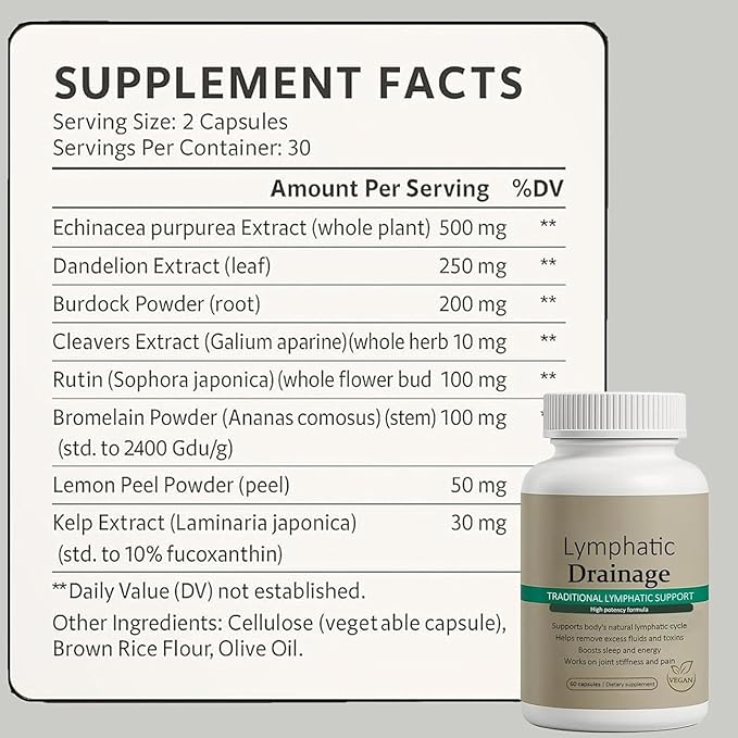 Lymphatic Drainage Capsules – Natural Herbal Blend with Dandelion Burdock Kelp &amp Echinacea – Supports Circulation &amp Fluid Balance