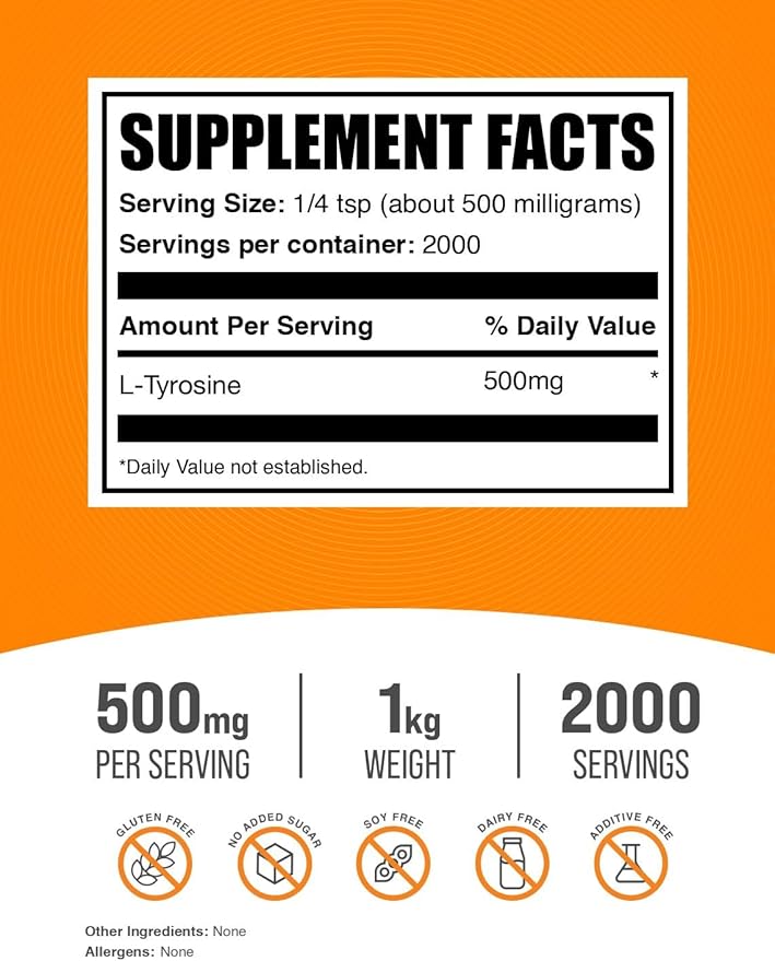 BulkSupplements.com L-Tyrosine Powder - Sports Nutrition Amino Acid Supplement - Unflavored &amp Gluten Free 500mg per Serving 1kg (2.2 lbs) (Pack of 1)
