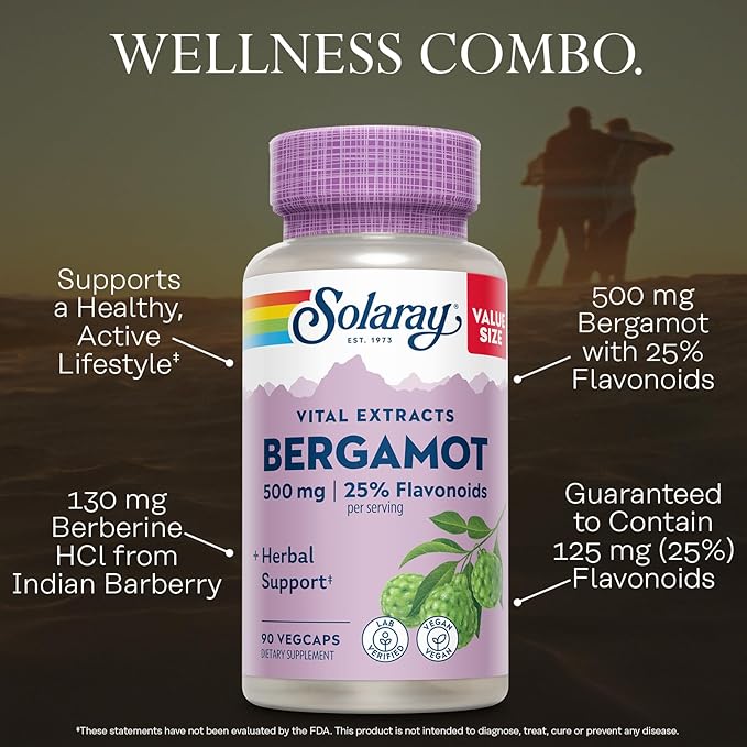 SOLARAY Bergamot 500 mg - Citrus Bergamot Supplement for an Active Lifestyle - Standardized to 25% Flavonoids - with Berberine HCl from Indian Barberry - Vegan 60-Day Guarantee 45 Serv 90 VegCaps
