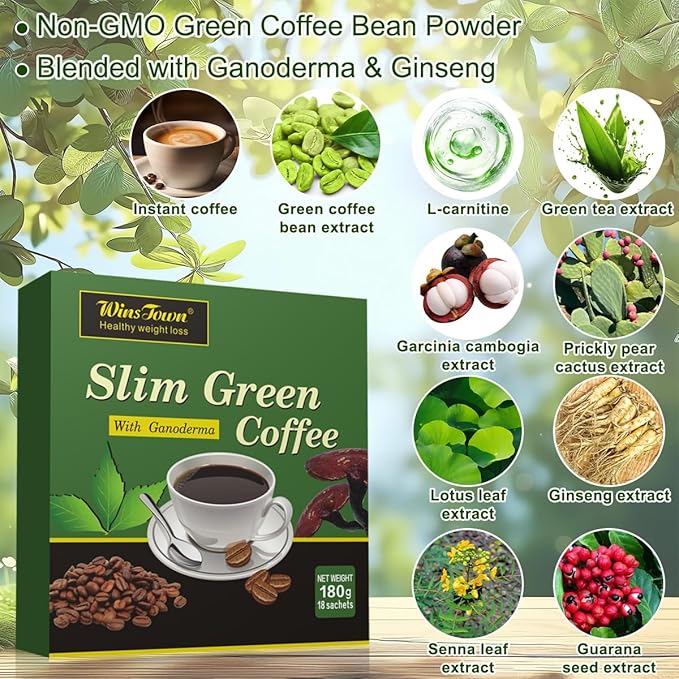 Premium Green Coffee Bean Extract Powder - Gluten-Free Green Coffee Bean Extract Supplements with 10 Natural Health Blends Instant Coffee 180g (18 Sachets)