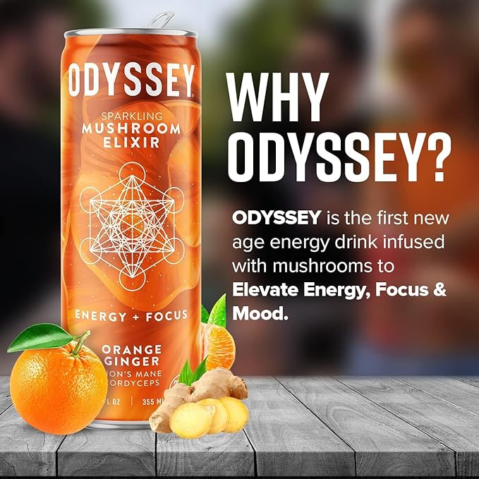 Odyssey Elixir Sparkling Adaptogen Drink Low Calorie Drinks with L Theanine Lions Mane Cordyceps and Green Tea Caffeine for Energy and Focus Non-GMO Vegan12 Fl oz 4 Pack (Orange Ginger)