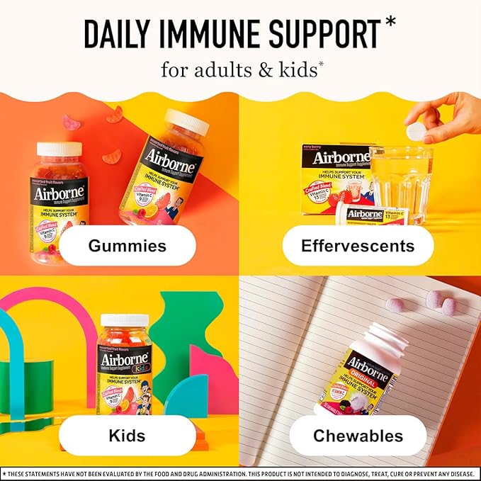 Airborne 750mg Vitamin C Immune Support Supplement Gummies for Adults Assorted Fruit Flavor Gluten Free Crafted Blend with Powerful Antioxidants Vitamins A C &amp E 42 Gummies (2 Pack)