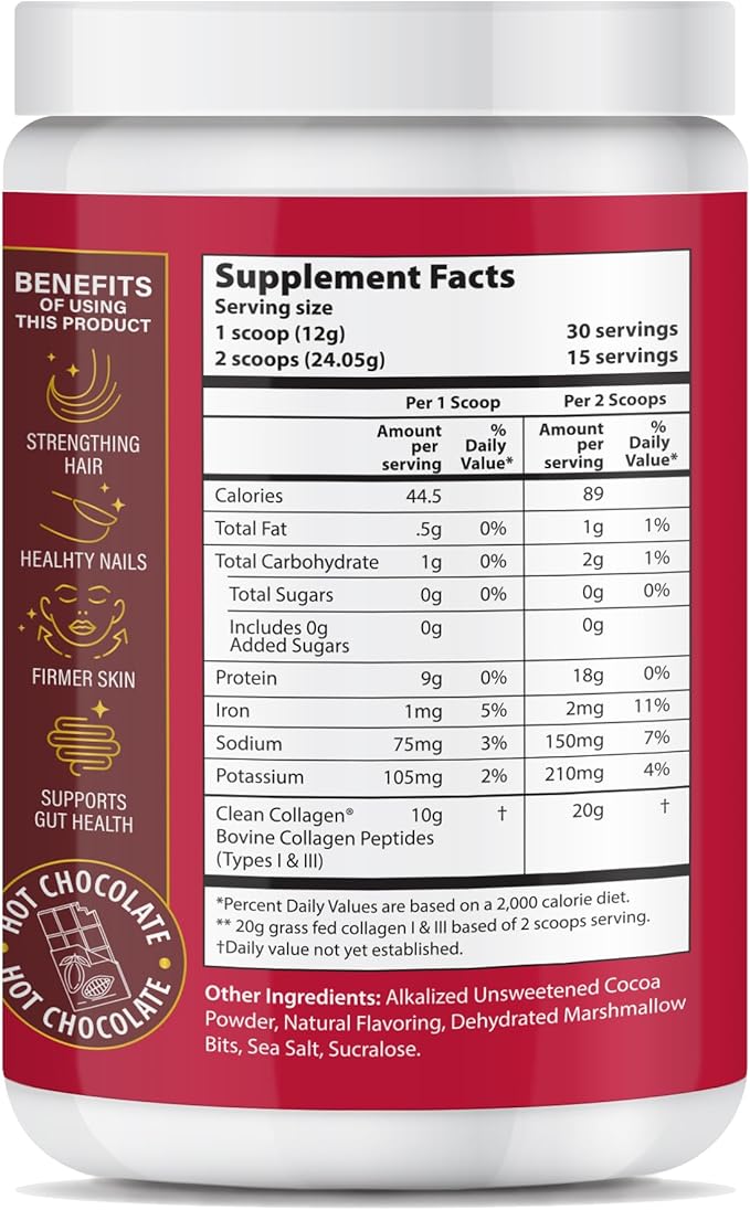 Chocolate Peptides Powder Grass Fed Hydrolyzed Type 1&amp3 Collagen Promotes Hair Skin Nails Bones Joint Health (30 Servings) (Hot Chocolate)