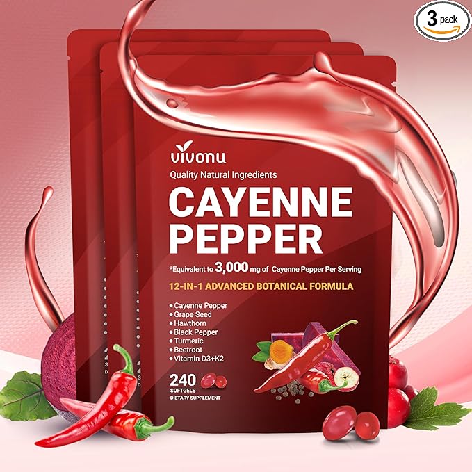 VivoNu Cayenne Pepper Softgels Supplement Supports Leg Vein Heart and Blood Vessel Health with Vitamin E D3+K2 and Extracts of Grape Seed Hawthorn Beetroot Berberine and Other