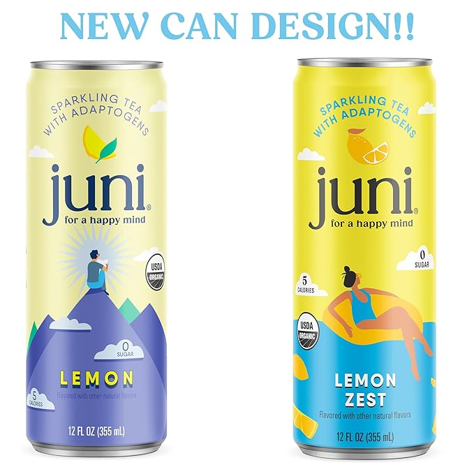 Juni Sparkling Adaptogen Drink with Ashwagandha Lion’s Mane &amp Reishi Mushrooms Green Tea for Focus Zero Sugar 5 Calories Organic Non Alcoholic Drinks - Lemon 12 pack