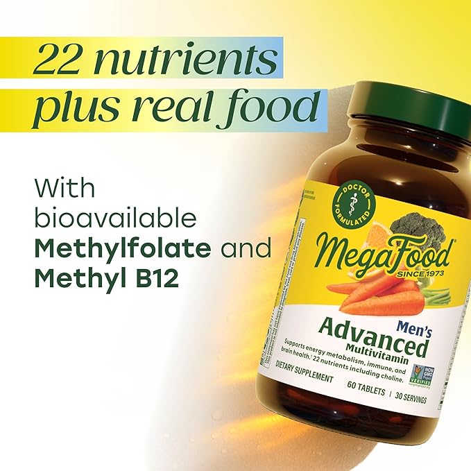 MegaFood Men's Advanced Multivitamin for Men - Doctor -Formulated - Choline Vitamin B12 Vitamin D Vitamin C &amp Zinc - Brain Health &amp Immune Support - Non-GMO - Vegetarian - 60 Tabs (30 Servi