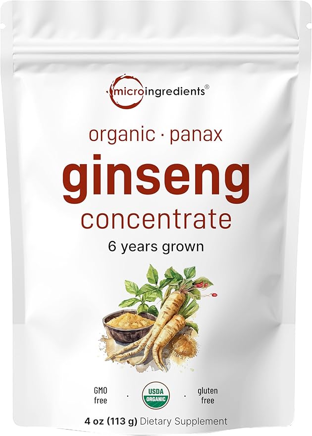 Micro Ingredients Maximum Strength Organic Korean Ginseng Root 200:1 Powder 4 Ounce Red Panax Ginseng Powder Active Ginsenosides Vegan Friendly
