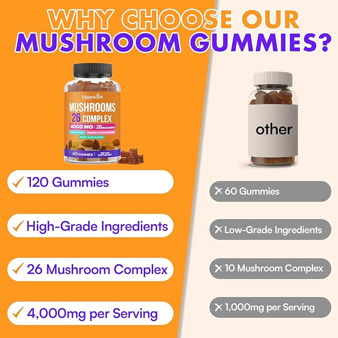 Mushroom Gummies for Adults 4000mg Brain Supplements for Memory and Focus 26 in 1 Mushroom Supplement Complex with Ashwagandha &amp Lion's Mane Turkey Tail Reishi Cordyceps Organic 120 Count