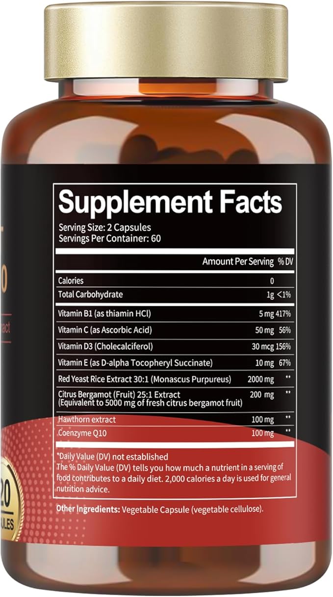 (2 Packs) Red Yeast Rice with CoQ10 Supplement - Citrinin Free Red Yeast Rice 2000 mg Capsules with CoQ10 100mg Plus Citrus Bergamot - Niacin-Free Cholesterol &amp Energy Supplement 3rd-Party Teste
