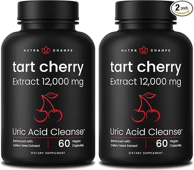 NutraChamps Organic Tart Cherry Extract Capsules 12000mg - Made from Montmorency Tart Cherry Concentrate Celery Seed &amp Bilberry - Uric Acid Cleanse &amp Joint Support - Vegan Capsules (Pack of