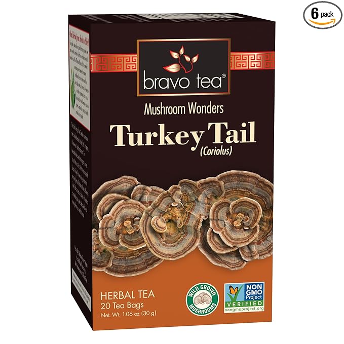 Bravo Tea Turkey Tail Mushroom Herbal Tea Caffeine Free 20 Tea Bags 6 count