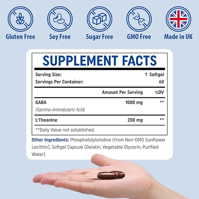 GABA with L-Theanine Supplement 1200mg - High Bioavailable Liposomal GABA Supplements 60 Capsules for Adults
