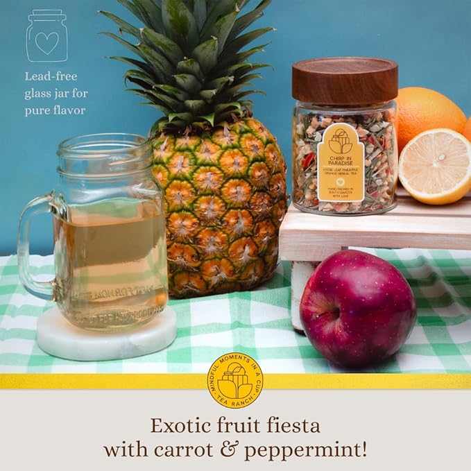 Tea Ranch – Chirp in Paradise Pineapple Orange Loose Leaf Tropical Fruit Herbal Tea Premium Blend Naturally Caffeine‑Free Herbal Enjoy Hot or Iced &amp Brews Up to 45 Cups 3.5 oz Reusable Glass