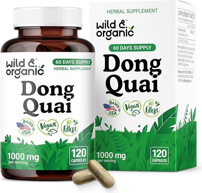 Wild &amp Organic Dong Quai Capsules 1000 mg - Menopause Supplements for Women - Dong Quai Supplement for Women - Angelica Root Herb - 60-Day Supply - Non-GMO Vegan Gluten-Free - 120 Count