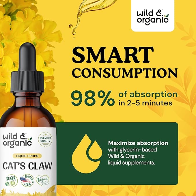 Wild &amp Organic Cats Claw Herb Supplement - Immune Support - Cats Claw Bark Tincture - Add to Tea Liquid Drops - Uncaria Tomentosa Extract - Vegan Sugar &amp Alcohol-Free - 2 fl oz
