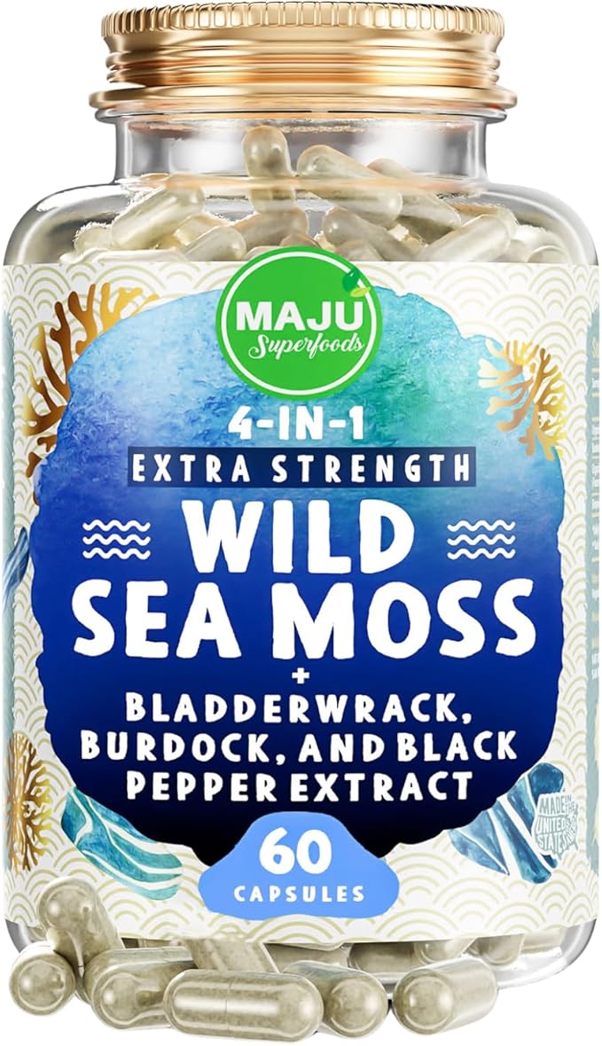 MAJU 4-in-1 Organic Sea Moss Capsules Wild Chondrus Crispus Seamoss w/Bladderwrack + Burdock Root Stronger Than Gel Irish Sebi Inspired Raw Powder in Pills 500 mg Capsule (60 ct)