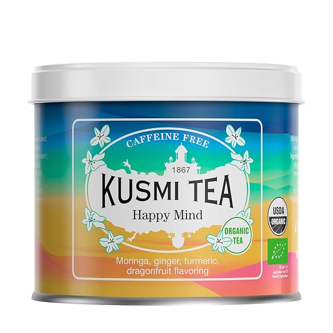 Kusmi Tea - Happy Mind - Organic Herbal Tea with Dragon Fruit Turmeric Apple Chili Pepper Moringa Lemon &amp Ginger - Caffeine Free - Loose Leaf Tea - Tin Box of 3.5 oz - Quantity for about 50 c