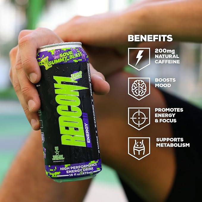 REDCON1 Energy High Performance Drink Sour Gummy Blast - Zero Sugar Energy Drink with Alpha GPC Nootropic - 200mg Natural Caffeine from Green Coffee Beans - Vitamin B6 B12 &amp B5 to Boost Mood (12
