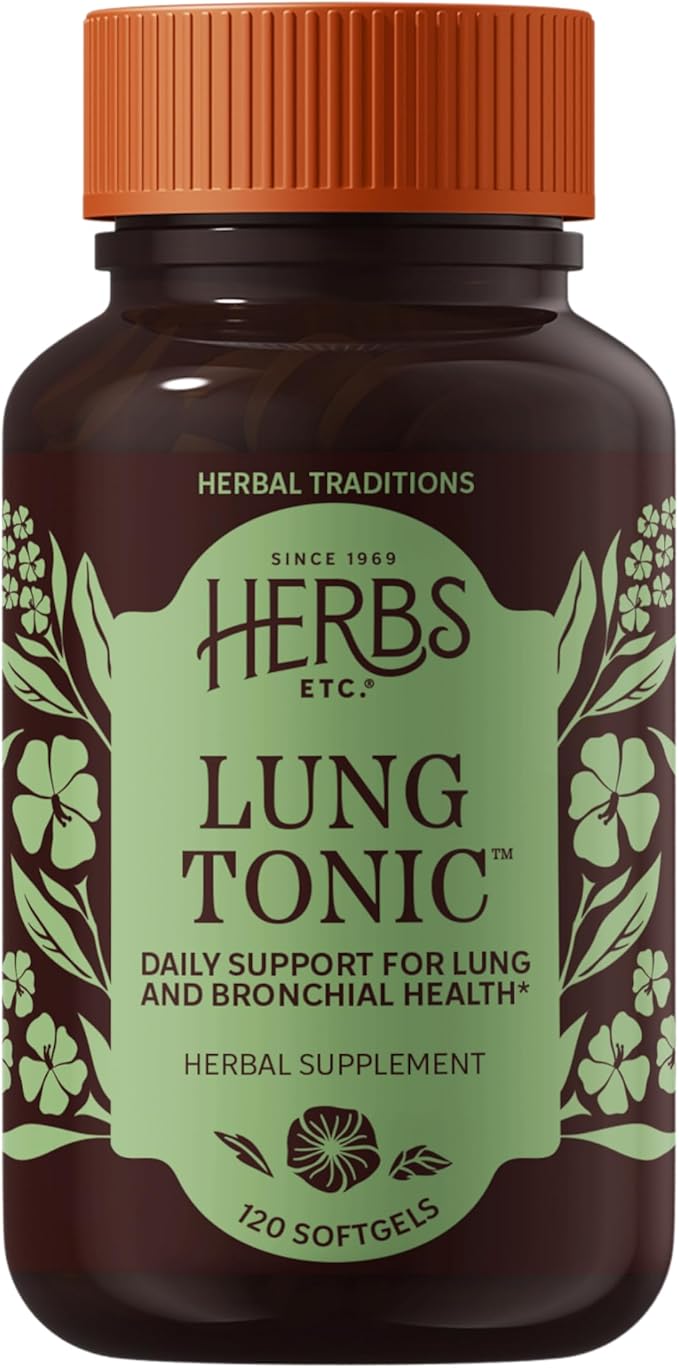 Herbs Etc. Lung Tonic - Lung Supplement for Bronchial Support - Healthy Breathing Support with Mullein Horehound &amp Grindelia - 120 Softgels