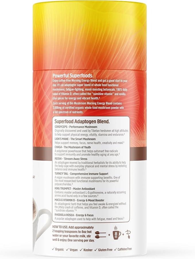 OM MUSHROOM SUPERFOOD Morning Energy Blend – Caffeine-Free Powder with Cordyceps Lion’s Mane Rhodiola &amp Vitamin D2 – Supports Energy Focus &amp Endurance – 8.47 oz Canister (30 Servings)