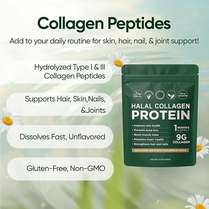 Halal Collagen Protein Powder Grass-Fed Collagen Peptides Powder Type I&ampIII 100% Hydrolyzed for Hair Skin Nails Gut Bone &amp Joint Health for Women and Men Sugar Free Unflavoured (1)
