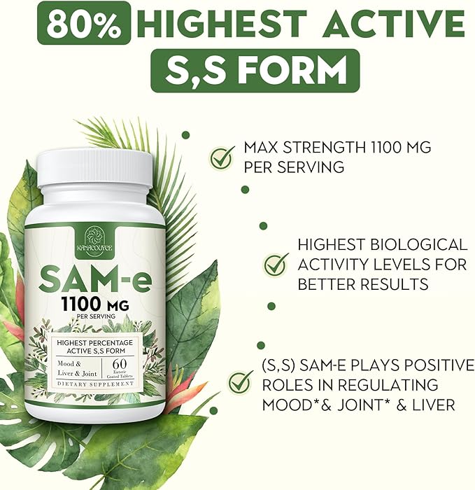 1100mg SAM-e (S-Adenosyl-L-Methionine) SAM e Supplement for Mood Joint &amp Liver Highest Concentration of Active SS Form Same Vegan 120 Tablets