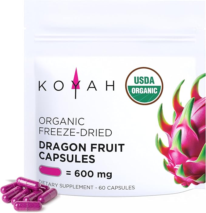 KOYAH - Organic Dragon Fruit Capsules – 600 mg Freeze-Dried Powder (Equals 3600 mg Fresh) – Whole-Food Vegan Non-GMO 60 Count