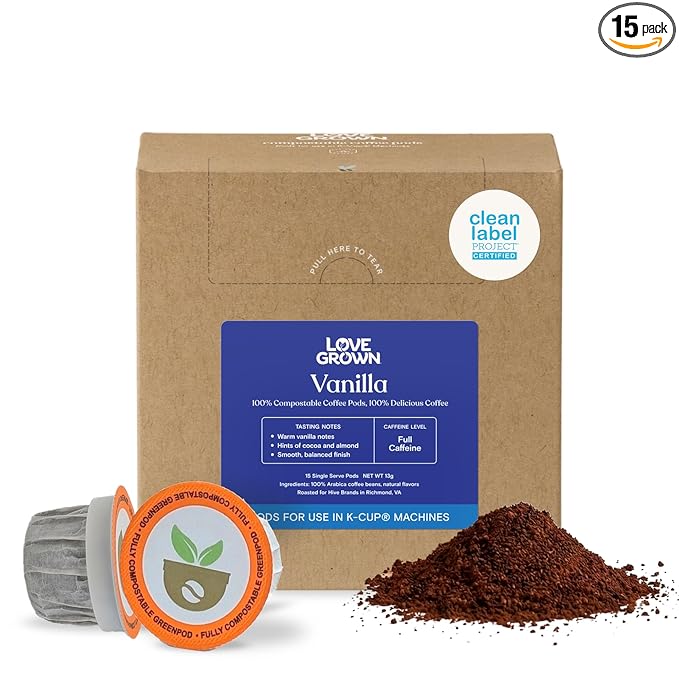 Love Grown Plastic-Free Coffee Pods 100% Arabica Single-Serve Cups Compostable Non-GMO - Compatible with Keurig Coffee Pods Machines and K-Cup Brewers Vanilla Flavor Box of 15