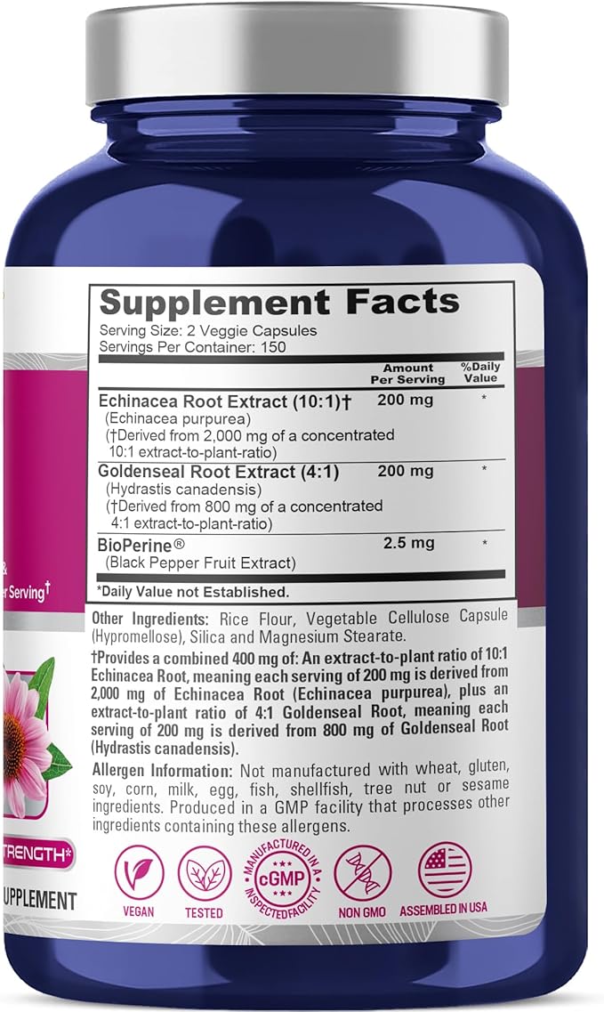 NusaPure Echinacea Goldenseal 200mg (Extract 10:1 Equivalent to 2000mg) 200mg (Extract 4:1 Equivalent to 800mg) - 2800mg 300 Veggie Caps (Vegetarian Non-GMO Vegan)