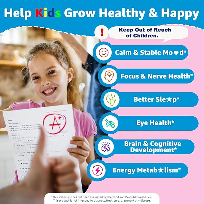 Saffron + Magnesium Glycinate+ Omega-3 - Calm Focus Gummies for Kids 4+ Saffron Extract Supplement with L-Theanine Holy Basil Rosemary B6 B9 B12 D3 for Happy Mood Cognition ZZz Sugar Free