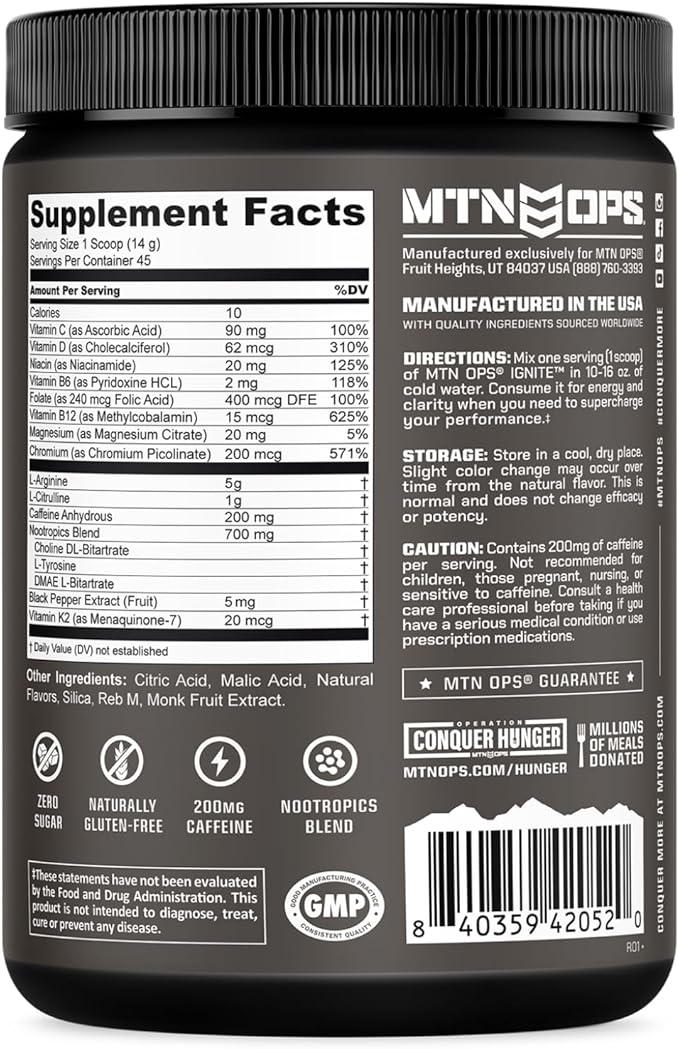MTN OPS Ignite Energy Drink Powder Naturally Gluten Free &amp Sweetened with Monk Fruit Nitric Oxide Supplement Drink Mix Caffeine &amp Nootropic Sugar Free Drink Mix 45 Servings Citrus Italian