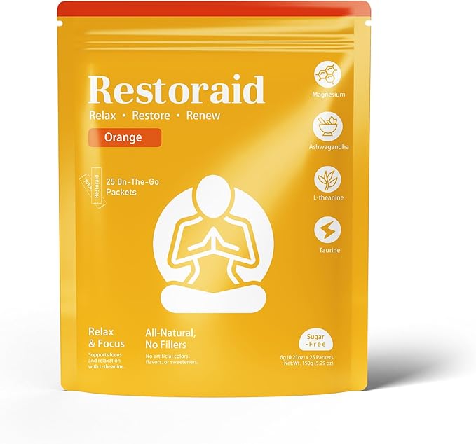 Restoraid Relaxation Drink Mix – 25 Packets | Magnesium L-Theanine Ashwagandha Taurine Glycine | Calming &amp Relaxing Supplement (Orange)