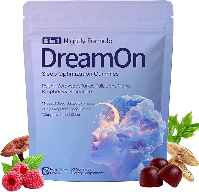 DreamOn Sleep Optimization Gummies with Reishi Cordyceps Lions Mane Turkey Tail L-Theanine Magnesium &amp 2.5mg Melatonin for Sleep Support 60 Gummies