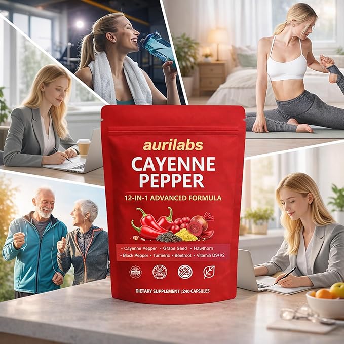 Aurilabs Cayenne Pepper softgels - Vitamin D3+K2 Complex Circulation Support Formula with Capsaicin &amp Botanicals Vegetarian Non-GMO Softgels for Daily Wellness (2)